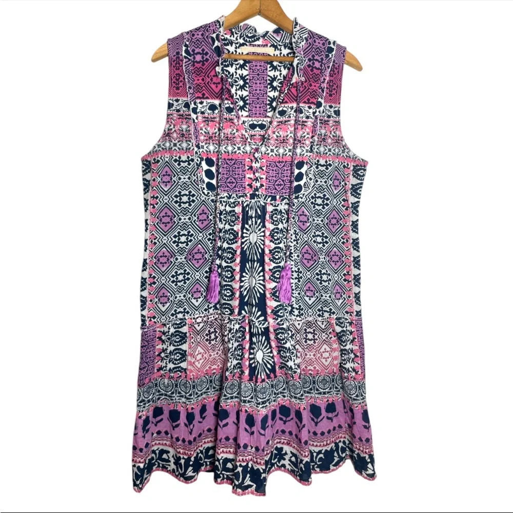 Lola Australia Womens Large Pink Purple Cotton Luna Sleeveless Tassel Midi Dress